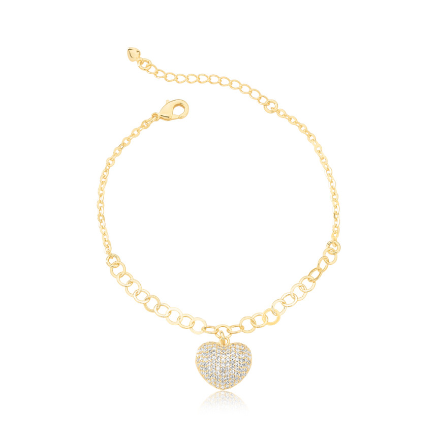 Pulseira Cartierzinha c/ Elos e Coração Cravejado Folheada a Ouro 18k