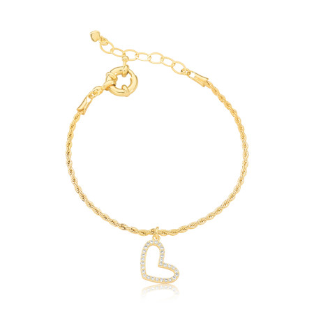 Pulseira Cordão Baiano c/ Coração Vazado Cravejado Fecho Boia Folheado a Ouro 18k