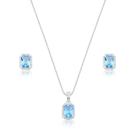 Conjunto Prata c/ Zircônia Acqua Retangular Borda Cravejada