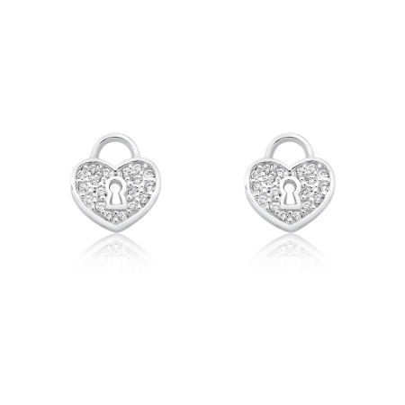 Brinco Fixo Prata Coração Fechadura Cravejado