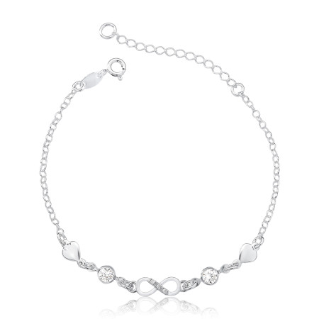 Pulseira Prata Portuguesinha c/ Infinito Pontos Luz e Corações