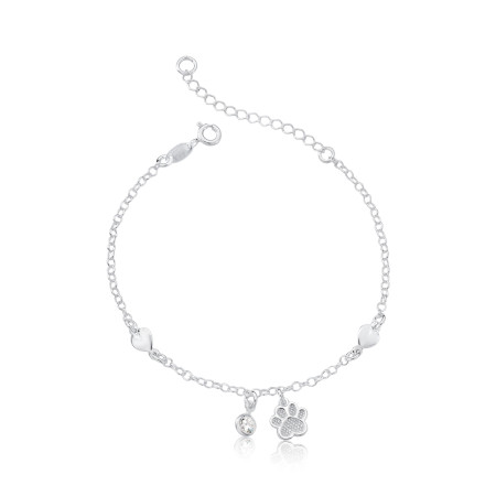 Pulseira Prata Portuguesinha c/ Patinha Ponto Luz e Corações