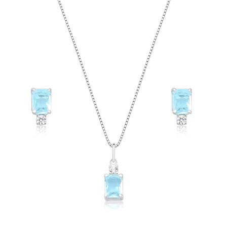 Conjunto Prata c/ Zircônia Retangular Acqua e Ponto Luz