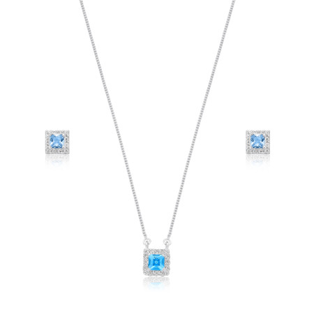 Conjunto Prata c/ Zircônia Acqua Quadrada Borda Cravejada