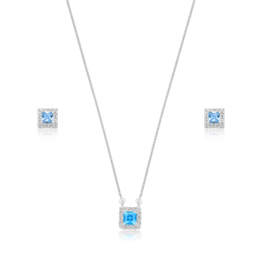 Conjunto Prata c/ Zircônia Acqua Quadrada Borda Cravejada