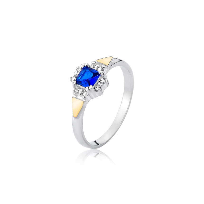 Anel Prata Solitário Formatura Zircônia Azul Safira Quadrada Borda Cravejada c/ Detalhe Aplique em Ouro Lateral