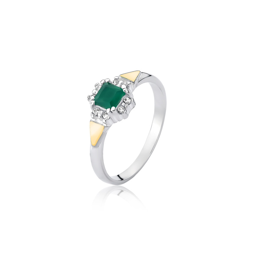 Anel Prata Solitário Formatura Zircônia Verde Crizo Quadrada Borda Cravejada c/ Detalhe Aplique em Ouro Lateral