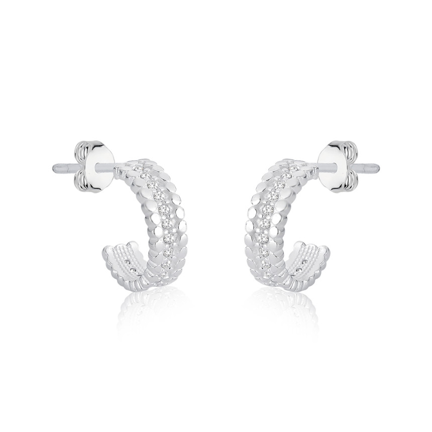 Argola Prata Fileira Cravejada c/ Borda Trabalhada 15mm c/ Tarraxa