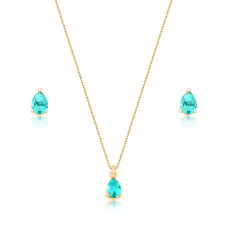 Conjunto Gota Zircônia Turmalina Folheado a Ouro 18K