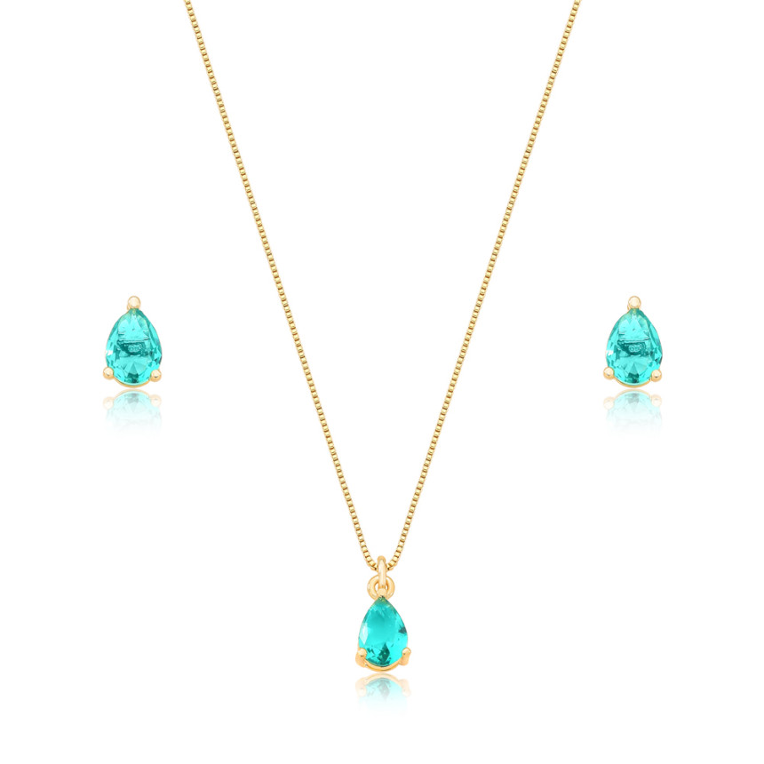 Conjunto Gota Zircônia Turmalina Folheado a Ouro 18K