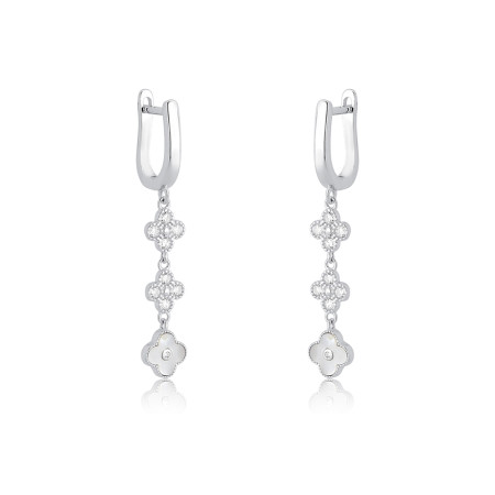 Brinco Prata c/ Ródio Trevo Cravejado e Madrepérola