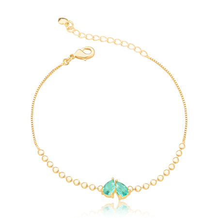Pulseira Vezeziana e Bolinhas c/ Duas Zircônias Gota Turmalina Folheado a Ouro 18k
