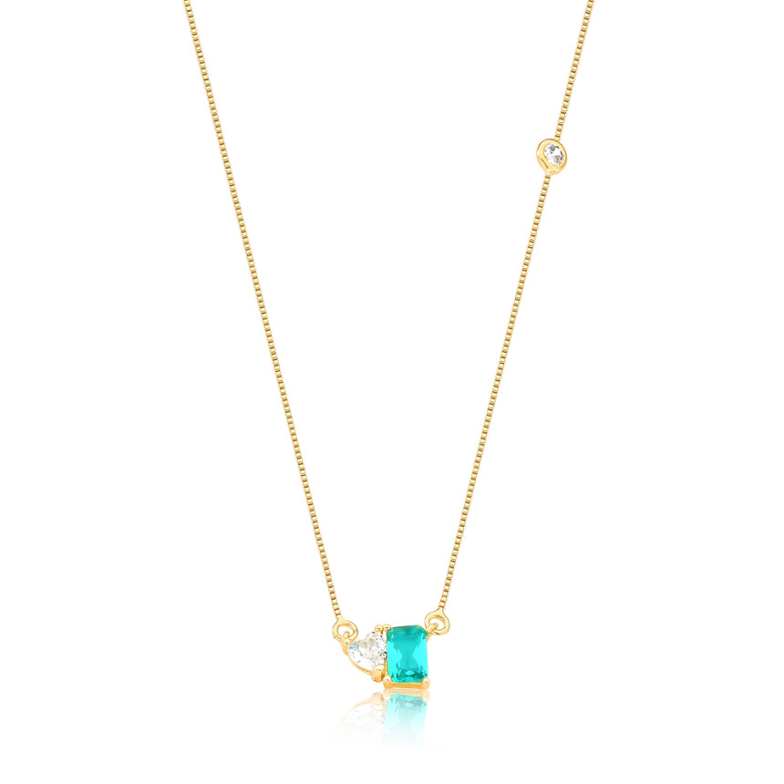 Gargantilha Veneziana Coração Cristal e Zirconia Retangular Turmalina c/ Ponto Luz Folheada a Ouro 18k