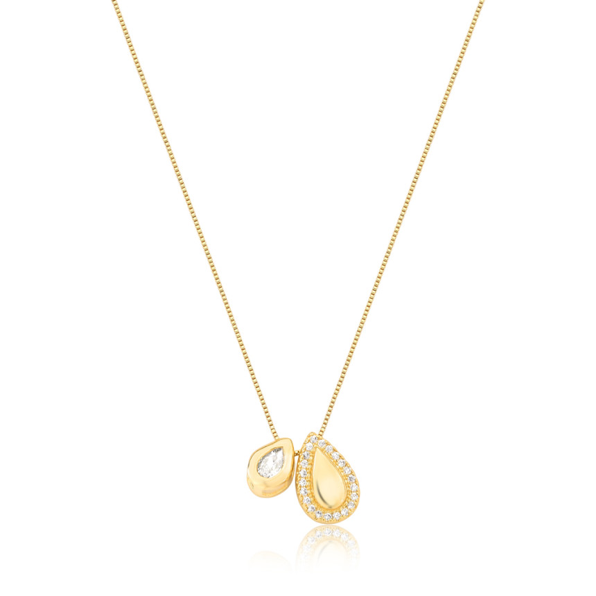 Gargantilha Veneziana Gota Lisa c/ Borda Cravejada e Ponto Luz Gota Embutido Folheada a Ouro 18k