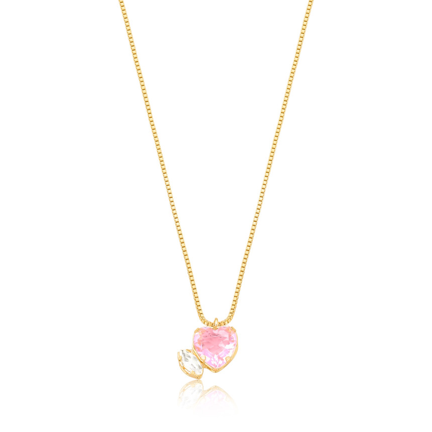 Gargantilha Veneziana Zircônia Coração Rosa e Zircônia Navete Folheada a Ouro 18k