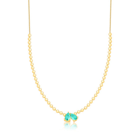 Gargantilha Veneziana c/ Bolinhas e Duas Zircônias Gotas Turmalina Folheada a Ouro 18k