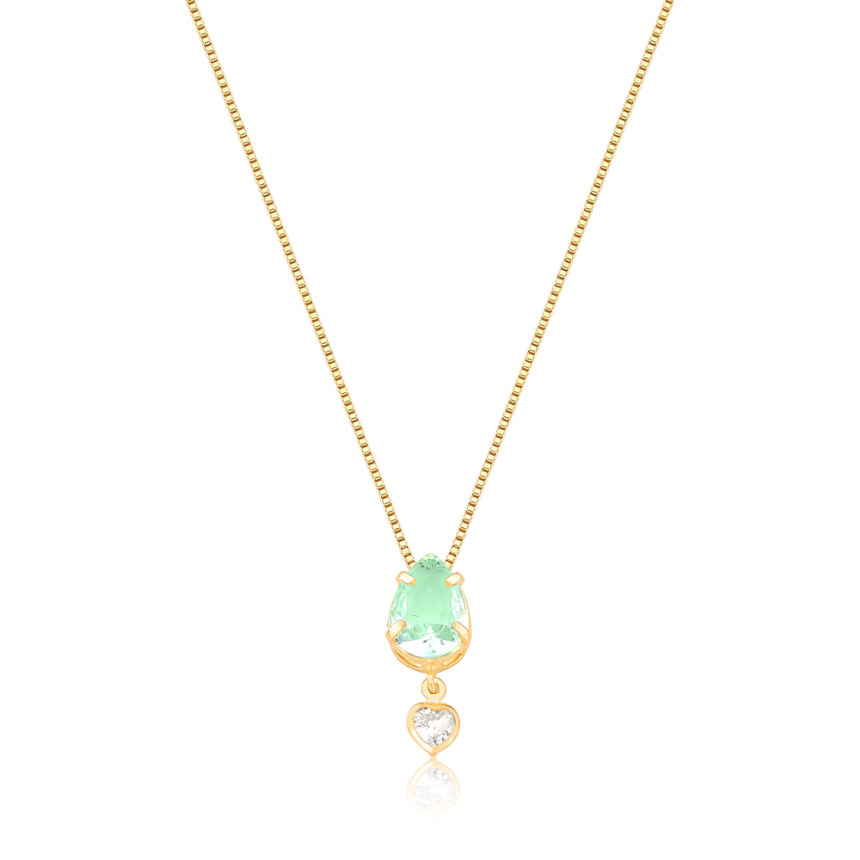 Gargantilha Veneziana Zircônia Gota Acqua c/ Zircônia Coração Suspensa Folheada a Ouro 18k
