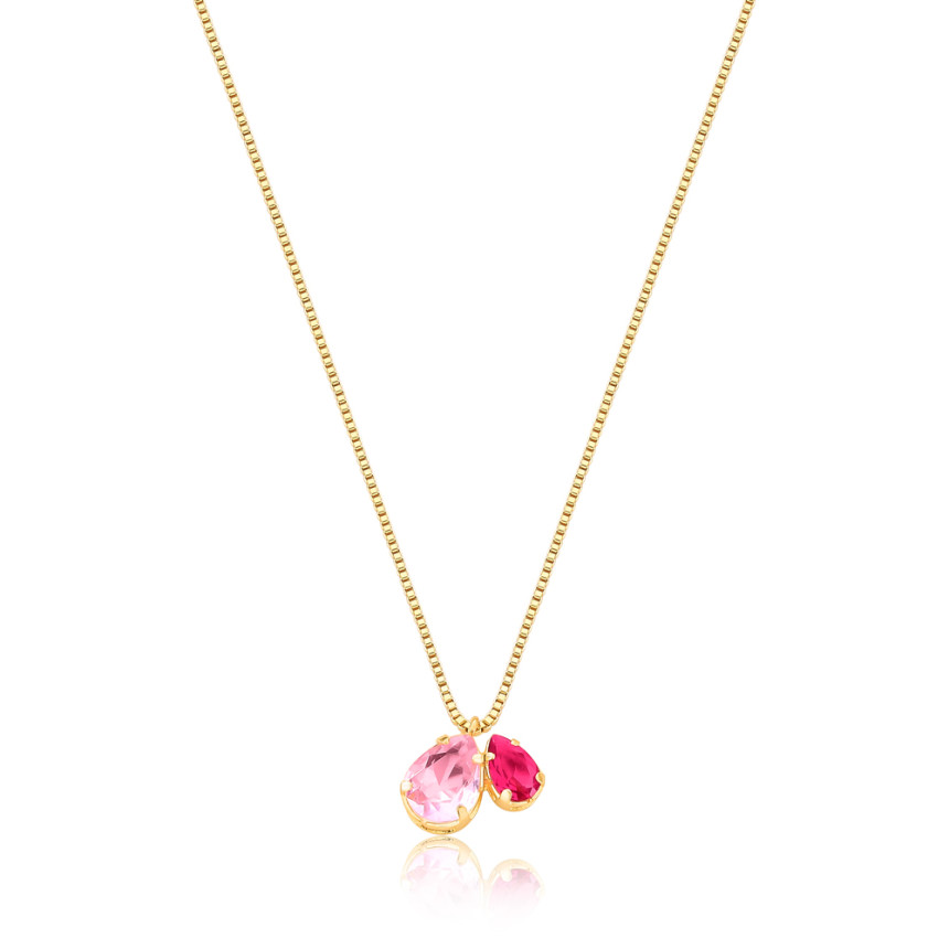 Gargantilha Veneziana Zircônia Gota Rosa e Zircônia Gota Rubelita Folheada a Ouro 18k