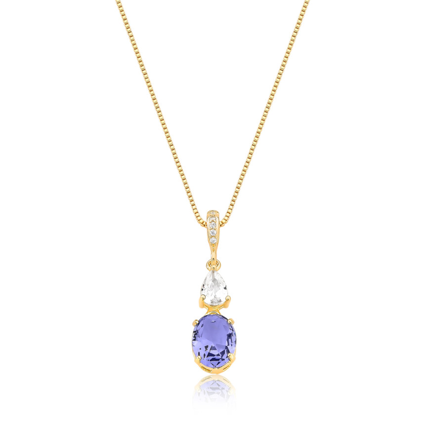 Gargantilha Veneziana Zircônia Gota Cristal e Zircônia Oval Ametista Folheada a Ouro 18k