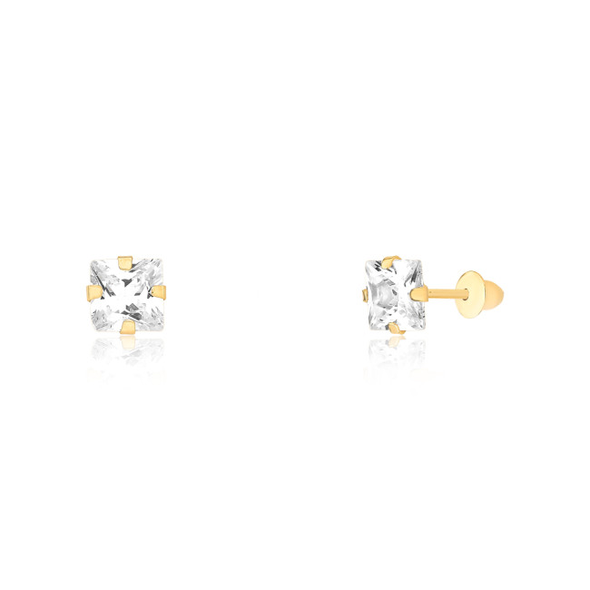 Brinco de Ouro 18k Fixo Zircônia Quadrada 5mm