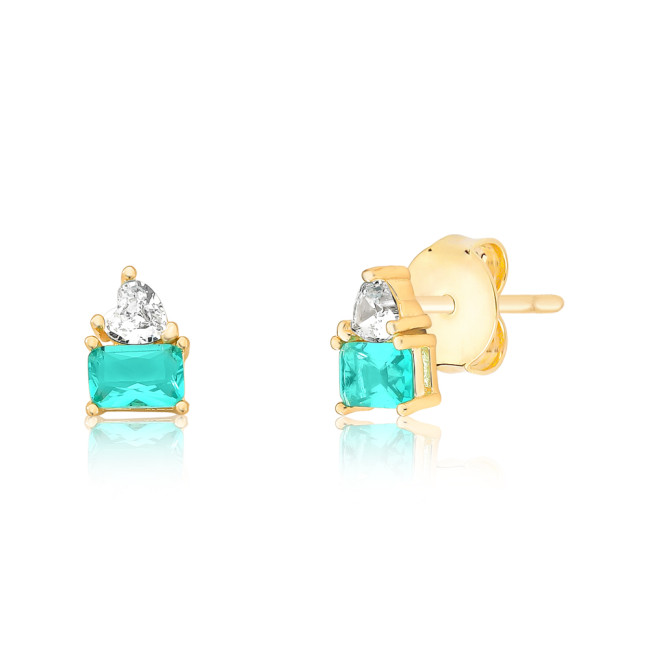 Brinco Fixo Zircônia Coração Cristal e Zircônia Retangular Turmalina Folheado a Ouro 18k
