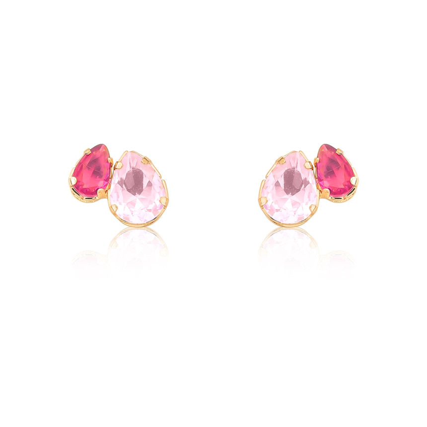 Brinco Fixo Zircônia Gota Rosa e Zircônia Gota Rubelita Folheado a Ouro 18k