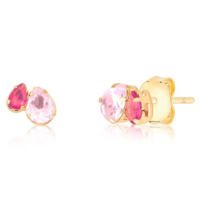 Brinco Fixo Zircônia Gota Rosa e Zircônia Gota Rubelita Folheado a Ouro 18k