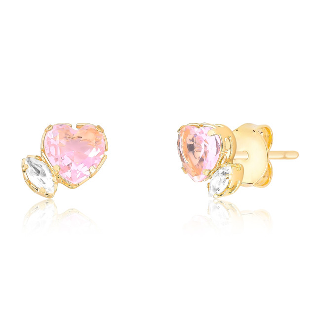 Brinco Fixo Zircônia Coração Rosa e Zircônia Navete Citrino Folheado a Ouro 18k