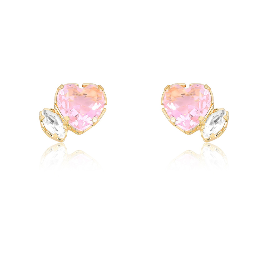 Brinco Fixo Zircônia Coração Rosa e Zircônia Navete Citrino Folheado a Ouro 18k