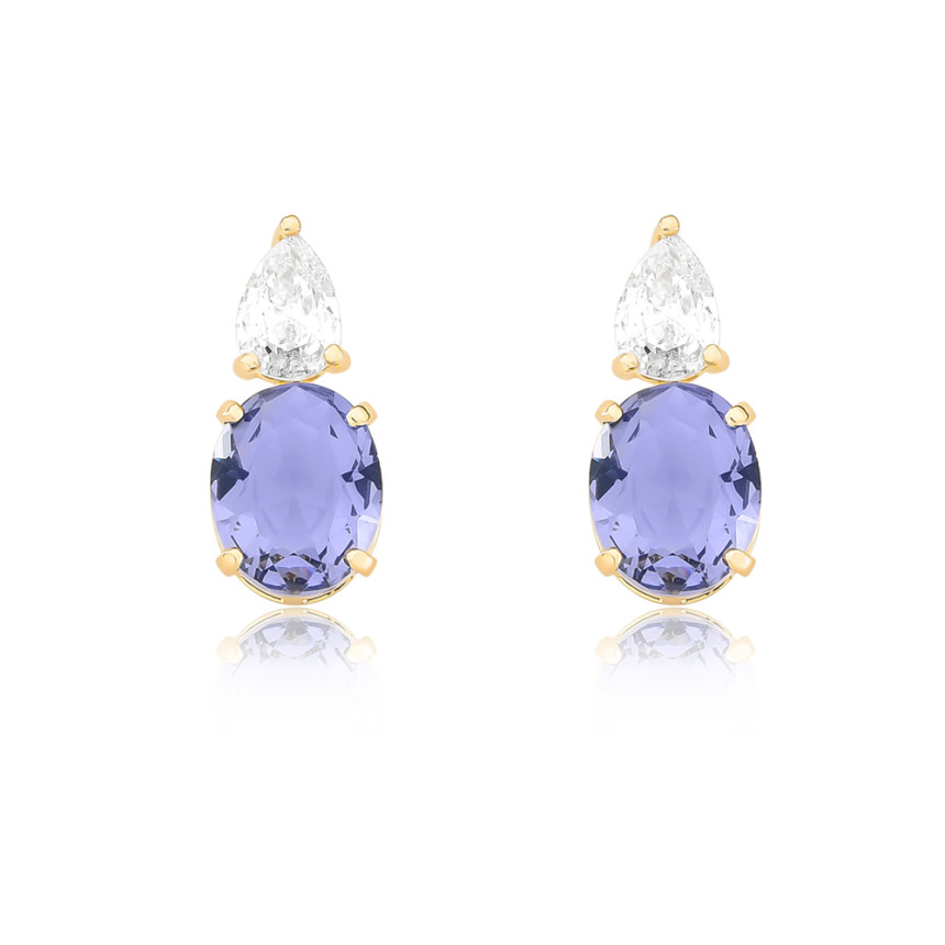 Brinco Fixo Zircônia Gota Cristal c/ Zircônia Oval Ametista Folheado a Ouro 18k