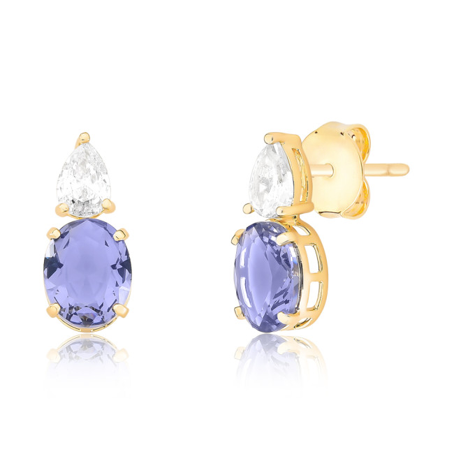 Brinco Fixo Zircônia Gota Cristal c/ Zircônia Oval Ametista Folheado a Ouro 18k