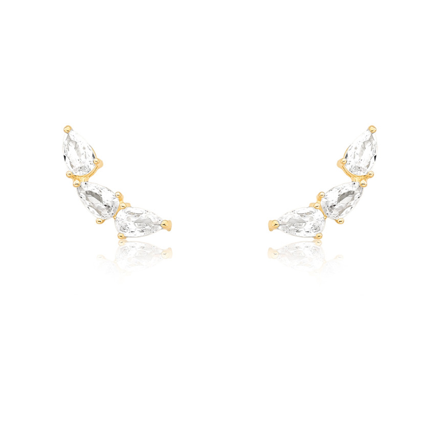 Brinco Ear Cuff 3 Zircônias Gota Folheado a Ouro 18k