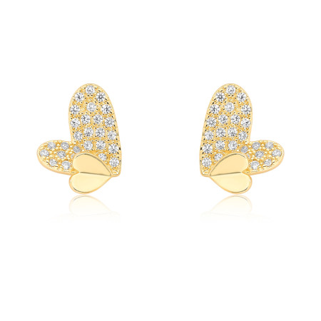 Brinco Fixo Coração Cravejado c/ Mini Coração Liso Sobreposto Folheado a Ouro 18k