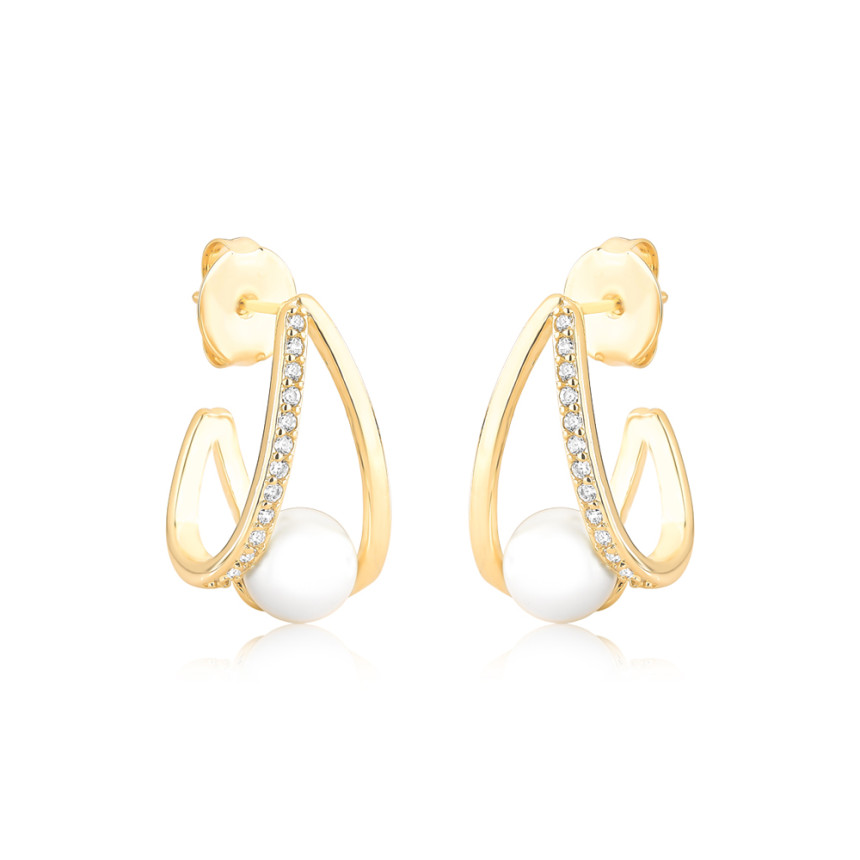 Brinco Liso Vazado c/ Lado Cravejado e Pérola Folheado a Ouro 18k