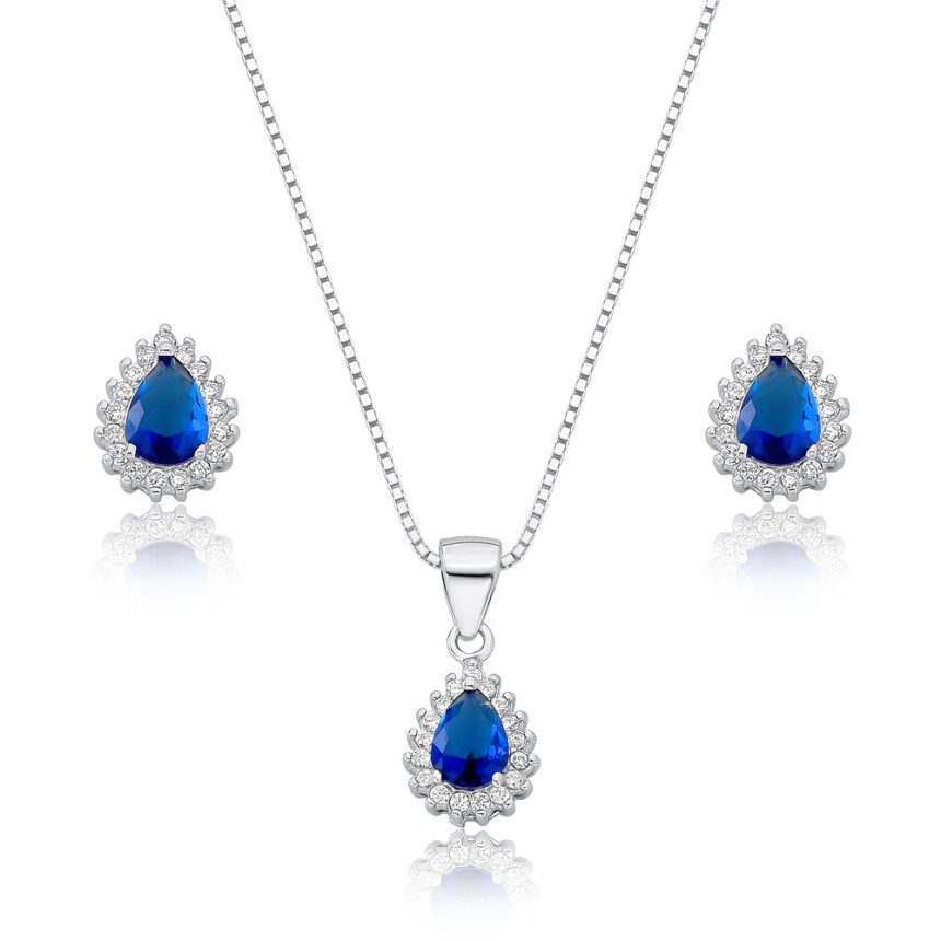 Conjunto Prata c/ Ródio Zircônia Gota Safira c/ Borda Cravejada 10mm