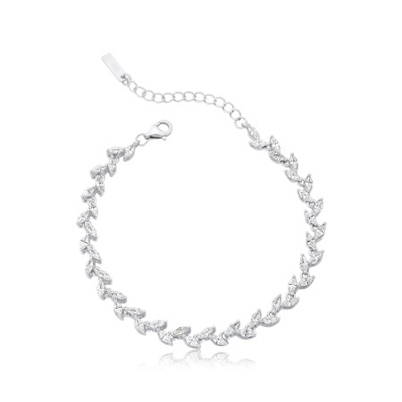 Pulseira Prata c/ Ródio Cartierzinha Zircônias Folhinhas Navete