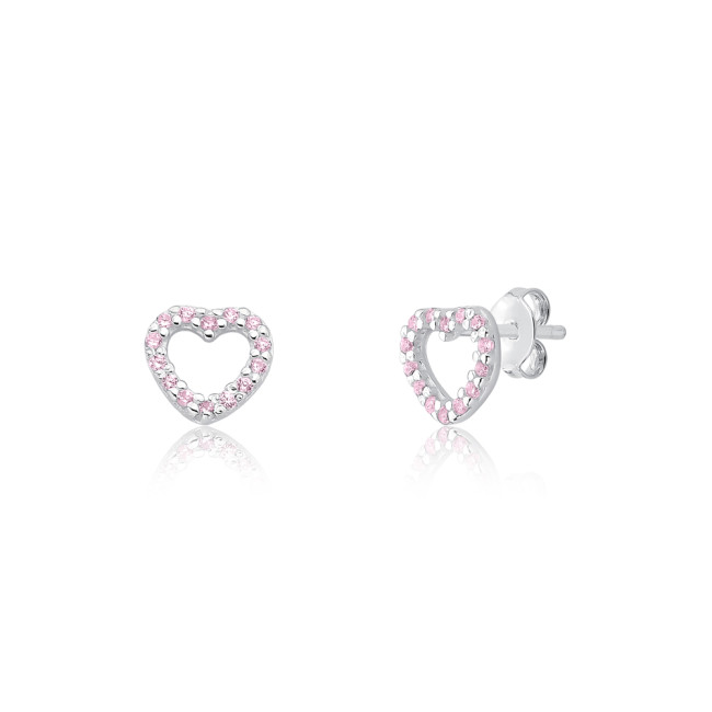 Brinco Prata Fixo Coração Vazado Cravejado Rosa 7mm