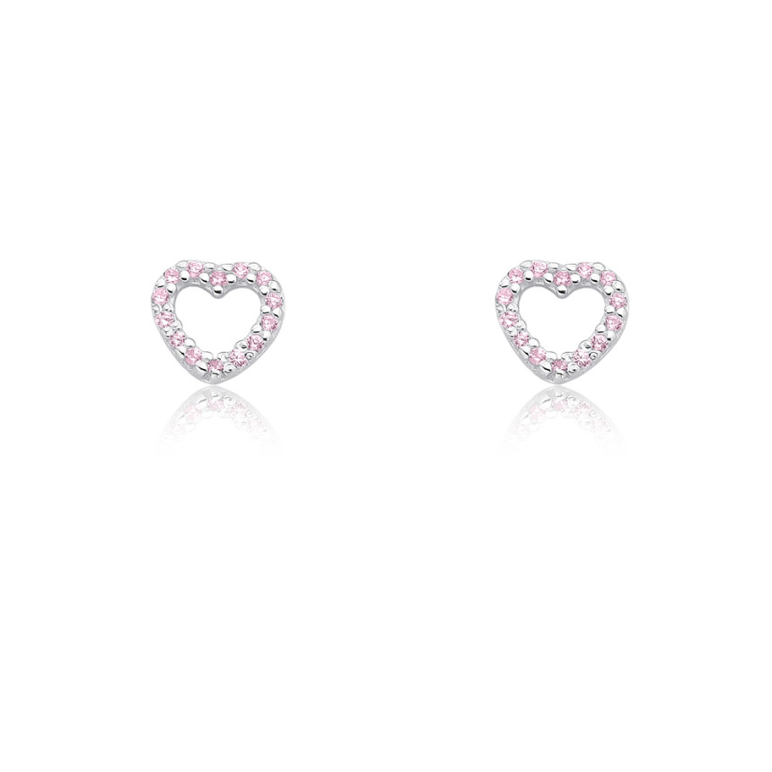Brinco Prata Fixo Coração Vazado Cravejado Rosa 7mm