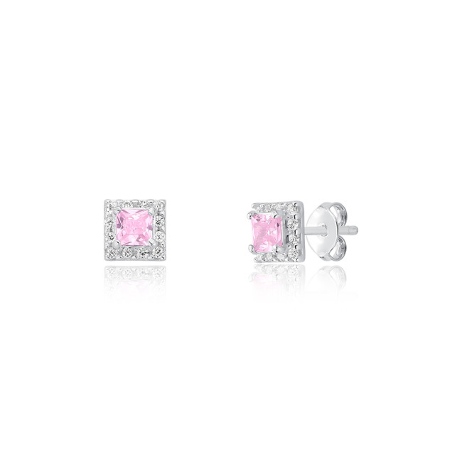 Brinco Prata Fixo Zircônia Quadrada Rosa Borda Cravejado 5mm