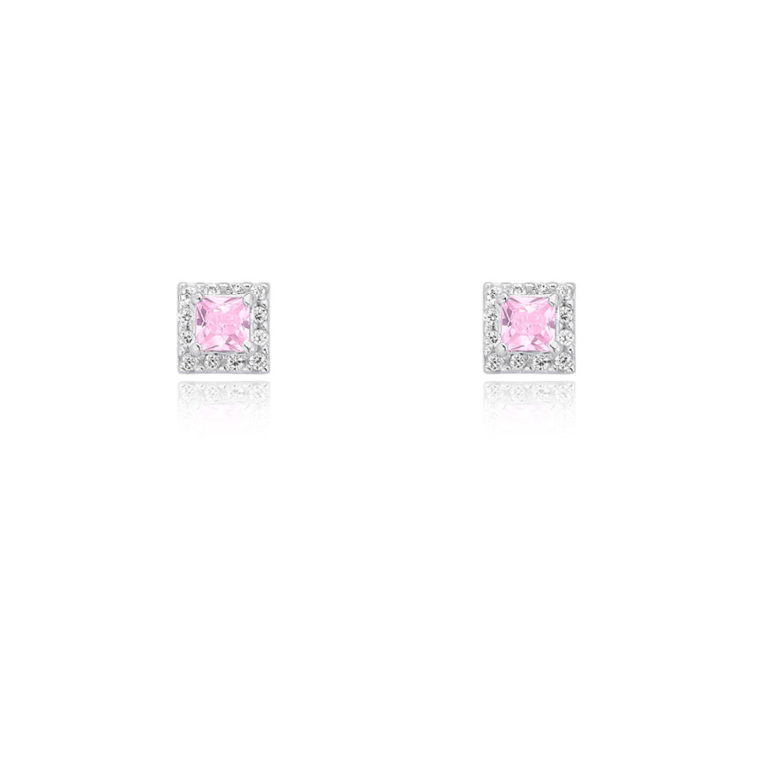 Brinco Prata Fixo Zircônia Quadrada Rosa Borda Cravejado 5mm