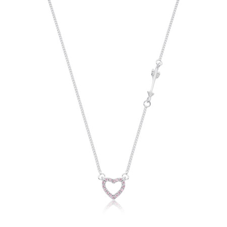 Gargantilha Prata Grumezinha c/ Coração Vazado Cravejado Rosa