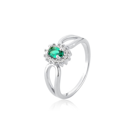 Anel Prata Zircônia Navete Esmeralda Borda Cravejada Lateral Vazada