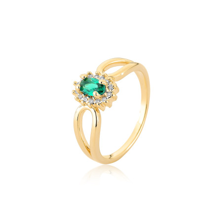 Anel Zircônia Navete Esmeralda Borda Cravejada Laterais Vazadas Folheado a Ouro 18k