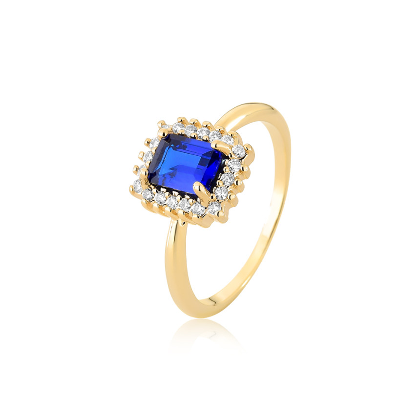 Anel Zircônia Retangular Safira Borda Cravejada Folheado a Ouro 18k