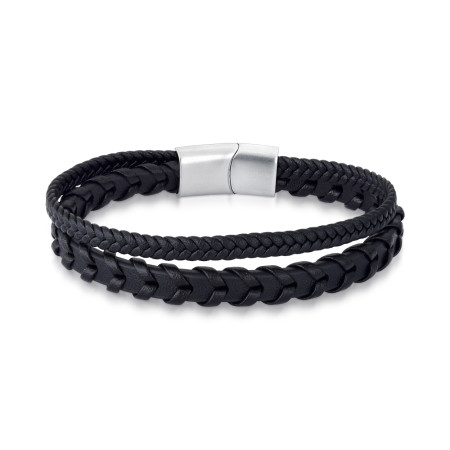 Pulseira Aço Rosso 2 em 1 Couro Trançado  Preto e Fecho Steel 20cm