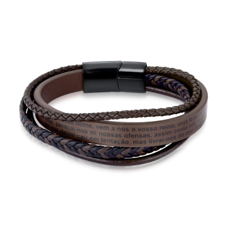 Pulseira Aço Rosso Couro 4 Tiras Preto e Marrom Trançada/Lisa e c/ Oração 20cm