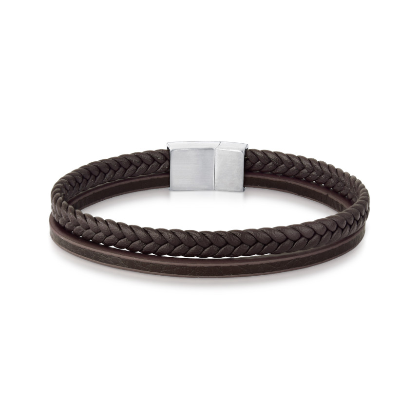 Pulseira Aço Rosso Couro 2 Tiras Marrom Trabalhada e Trançada 20cm