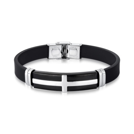 Pulseira Aço Rosso Silicone Preto Placa Black c/ Cruz Silver 20cm