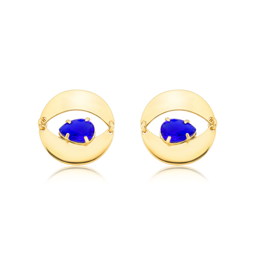 Brinco Duas Meias Luas e Zircônia Gota Azul Folheado a Ouro 18k