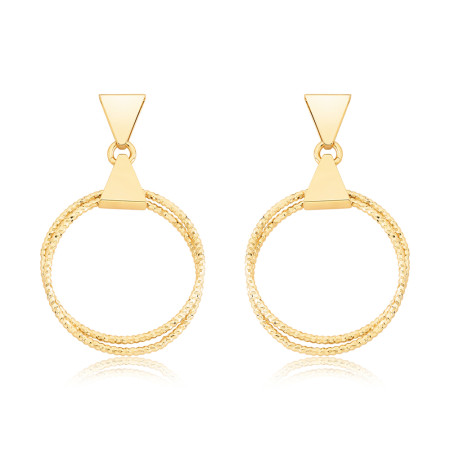 Brinco Triângulos Lisos c/ Aros Suspensos Diamantados Liso Folheado a Ouro 18k